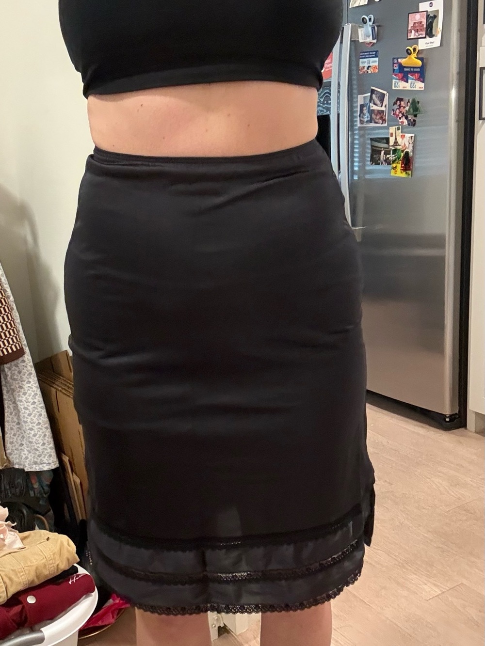 Black Lace-Trim Slip Skirt Pencil Style